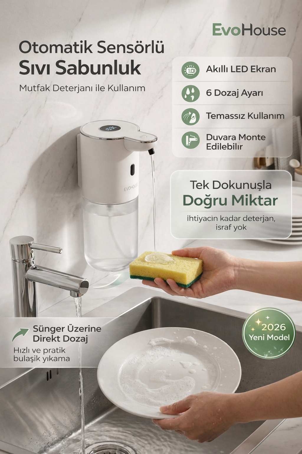 Evo House Otomatik Sensörlü Mutfak Deterjan-Sıvı Sabunluk - Duvara Monte - P18S Model