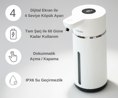 Evo House Otomatik Sensörlü Köpük Sıvı Sabunluk - Şarjlı- Dijital LED Ekran - Duvara Monte - E15 Model
