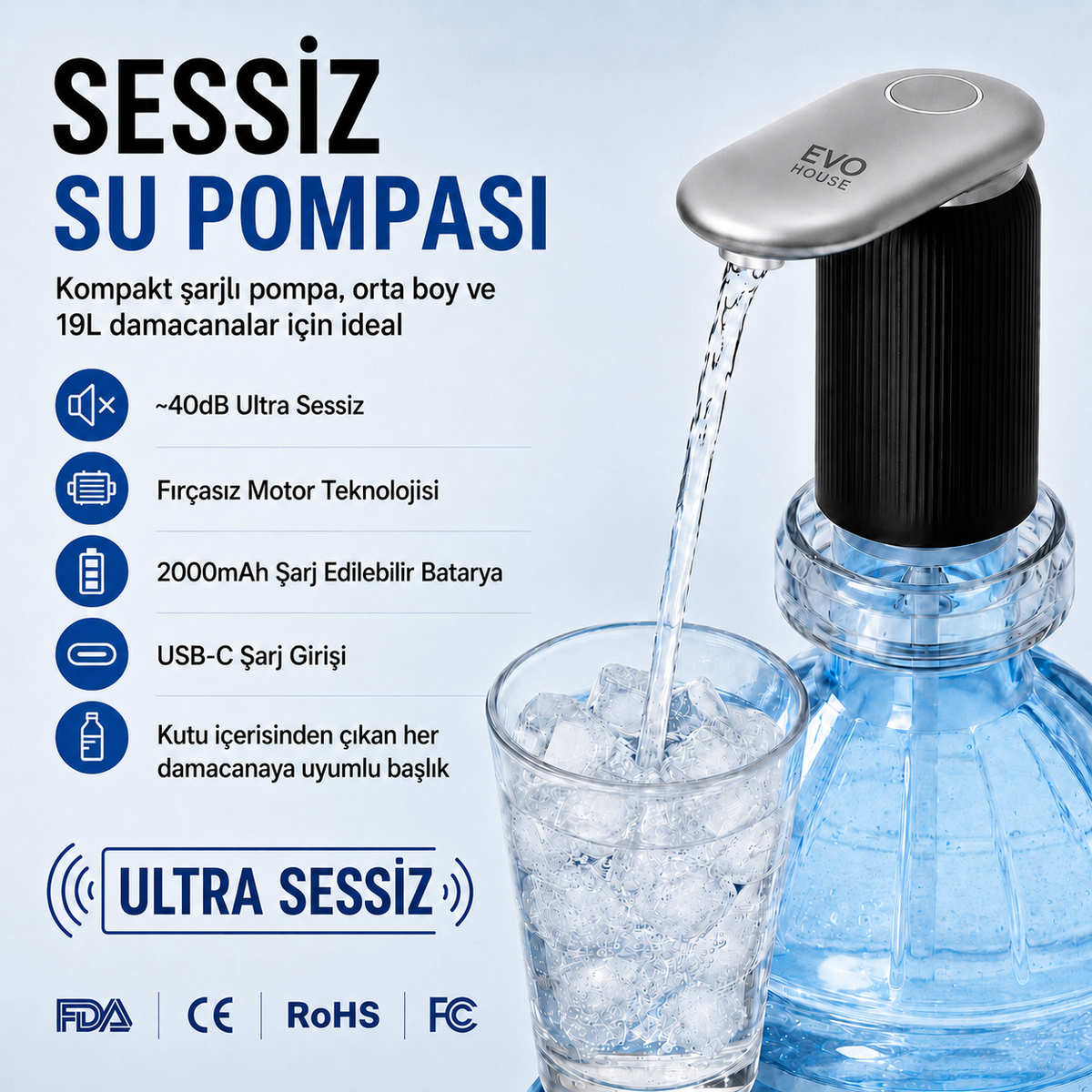 Evo House EVO-03 Ultra Sessiz Şarjlı Otomatik Damacana Su Pompası Yüksek Hızlı Akış 2000mAh Pil