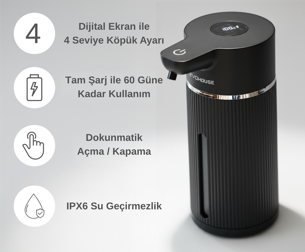 Evo House Otomatik Sensörlü Köpük Sıvı Sabunluk - Şarjlı- Dijital LED Ekran - Duvara Monte - E15 Model
