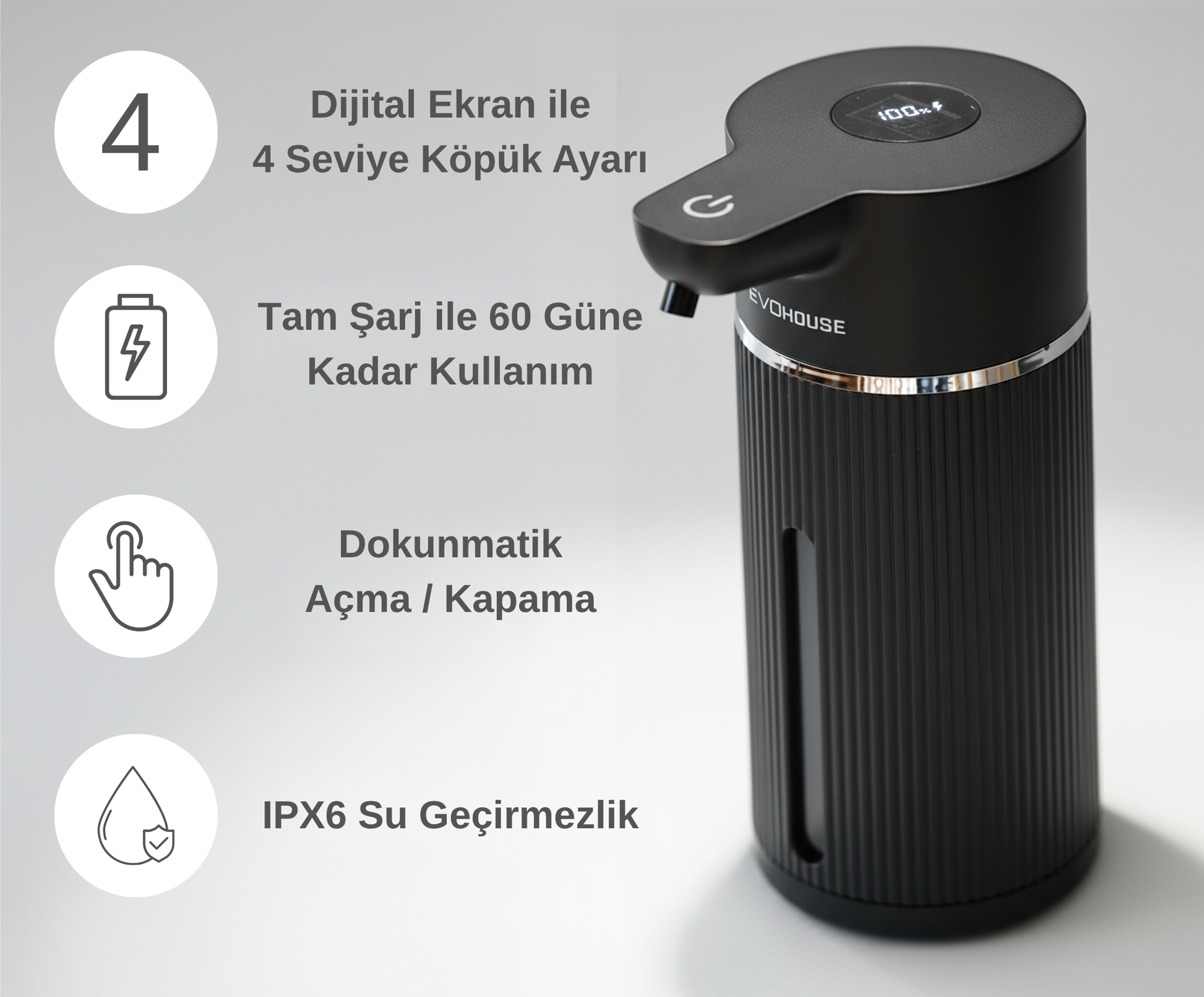 Evo House Otomatik Sensörlü Köpük Sıvı Sabunluk - Şarjlı- Dijital LED Ekran - Duvara Monte - E15 Model