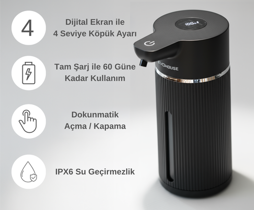 Evo House Otomatik Sensörlü Köpük Sıvı Sabunluk - Şarjlı- Dijital LED Ekran - Duvara Monte - E15 Model