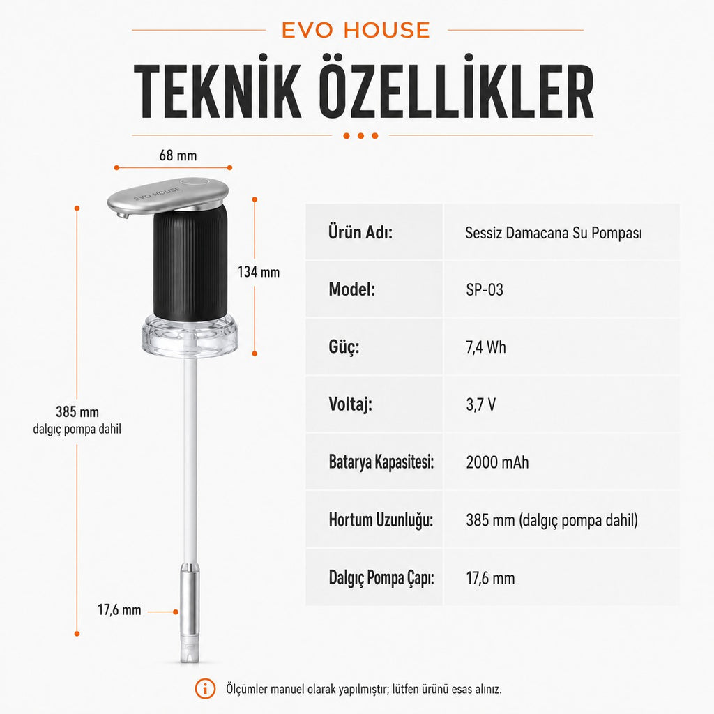 Evo House EVO-03 Ultra Sessiz Şarjlı Otomatik Damacana Su Pompası Yüksek Hızlı Akış 2000mAh Pil
