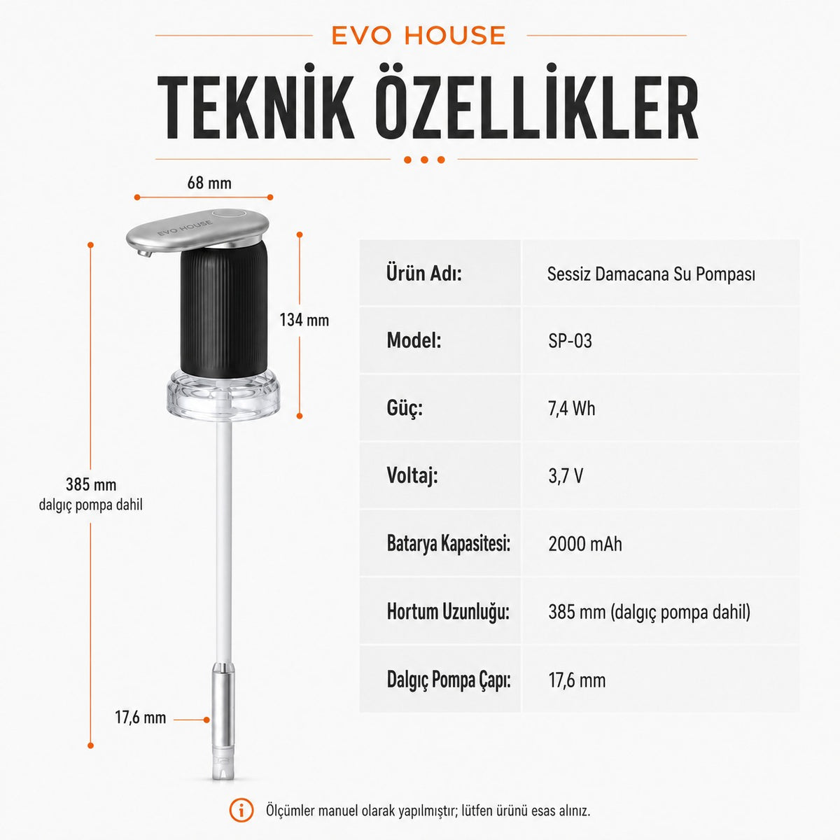Evo House EVO-03 Ultra Sessiz Şarjlı Otomatik Damacana Su Pompası Yüksek Hızlı Akış 2000mAh Pil