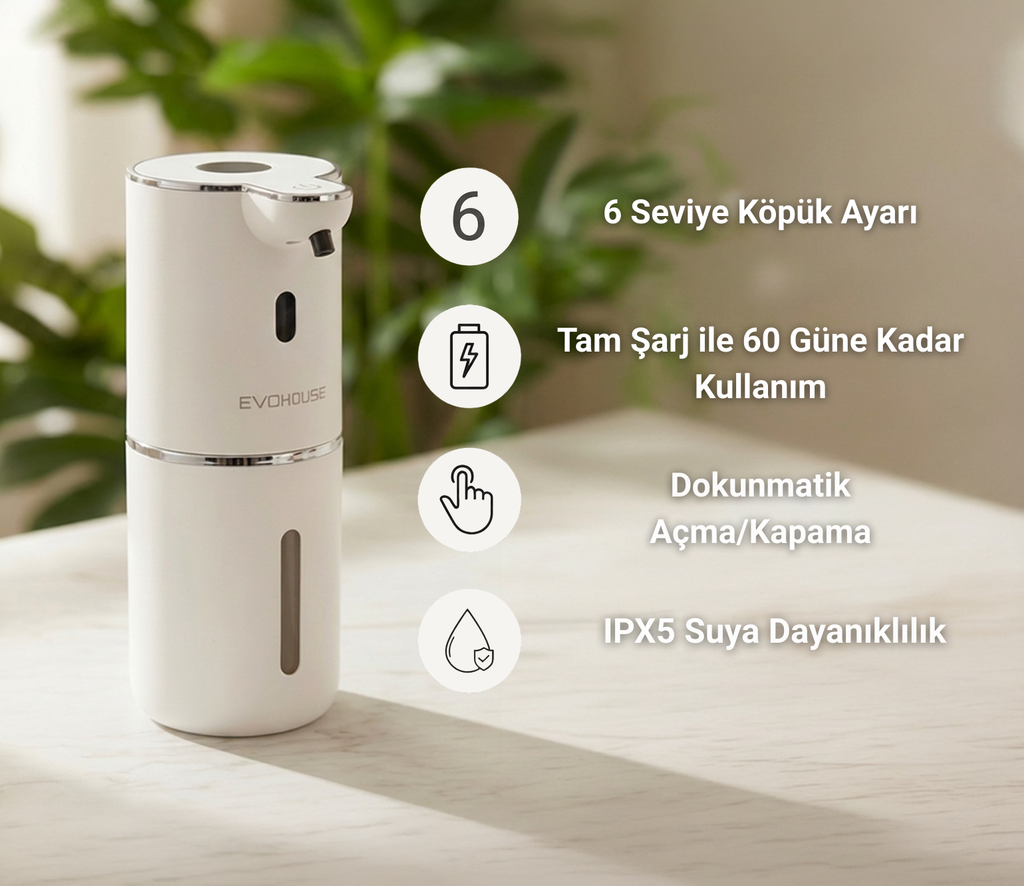 Evo House Otomatik Sensörlü Köpük Sıvı Sabunluk - Şarjlı- Dijital LED Ekran - Duvara Monte - P18 Model