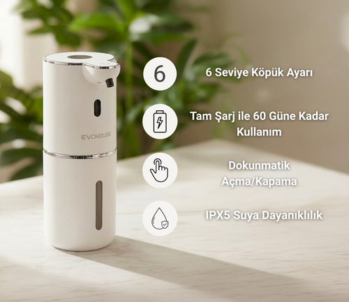 Evo House Otomatik Sensörlü Köpük Sıvı Sabunluk - Şarjlı- Dijital LED Ekran - Duvara Monte - P18 Model