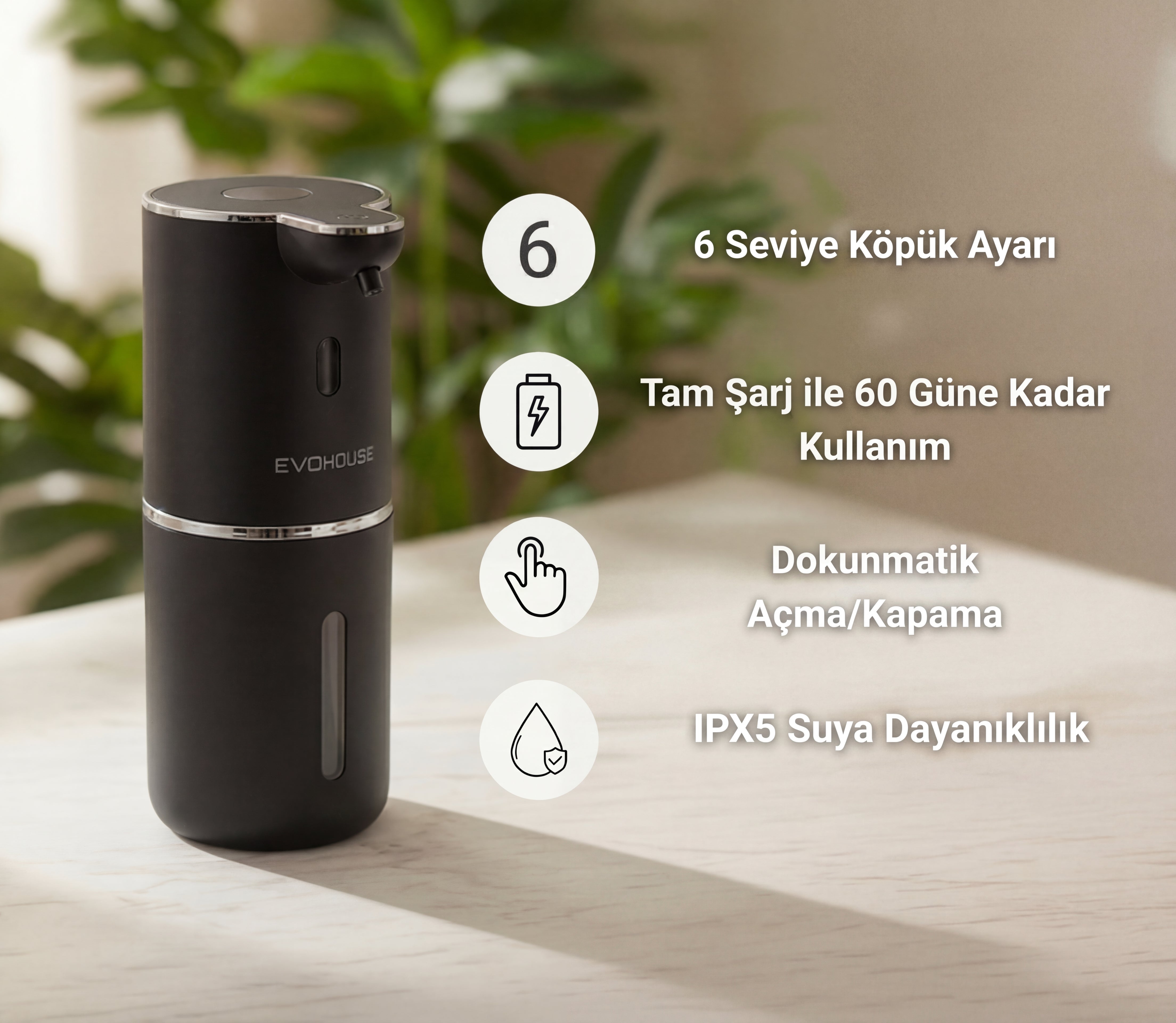 Evo House Otomatik Sensörlü Köpük Sıvı Sabunluk - Şarjlı- Dijital LED