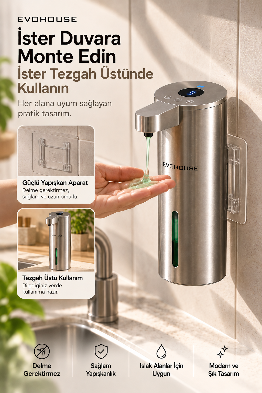 Evo House Otomatik Sensörlü Sıvı Dispenseri Paslanmaz Çelik INOX - P25 Model