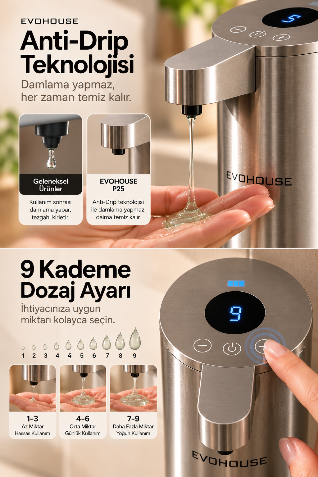 Evo House Otomatik Sensörlü Sıvı Dispenseri Paslanmaz Çelik INOX - P25 Model