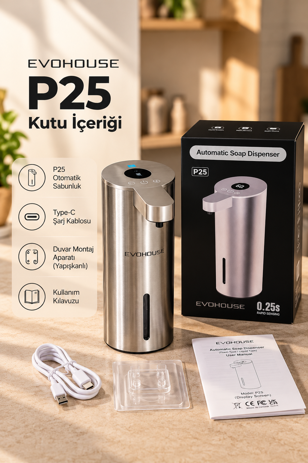 Evo House Otomatik Sensörlü Sıvı Dispenseri Paslanmaz Çelik INOX - P25 Model