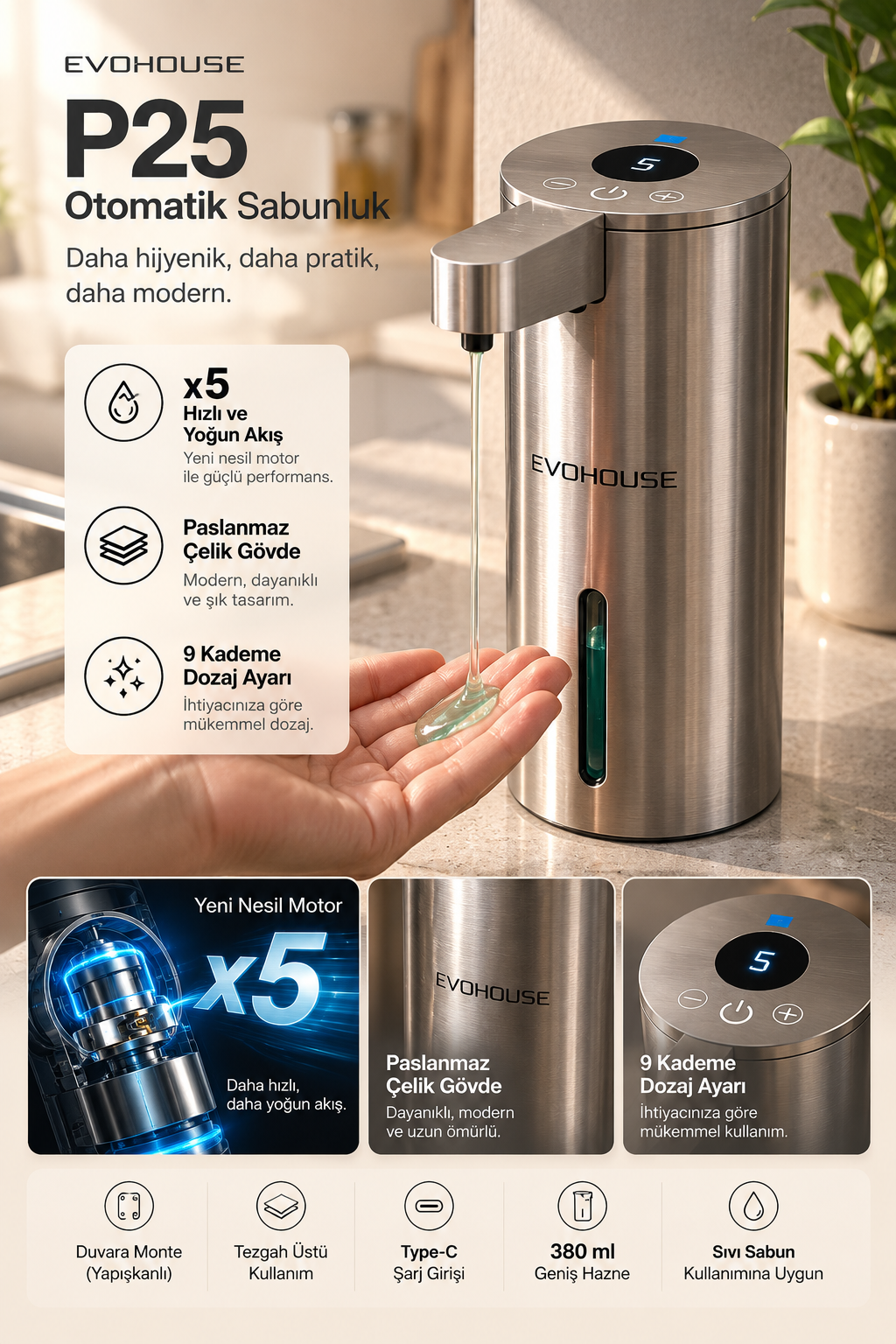 Evo House Otomatik Sensörlü Sıvı Dispenseri Paslanmaz Çelik INOX - P25 Model