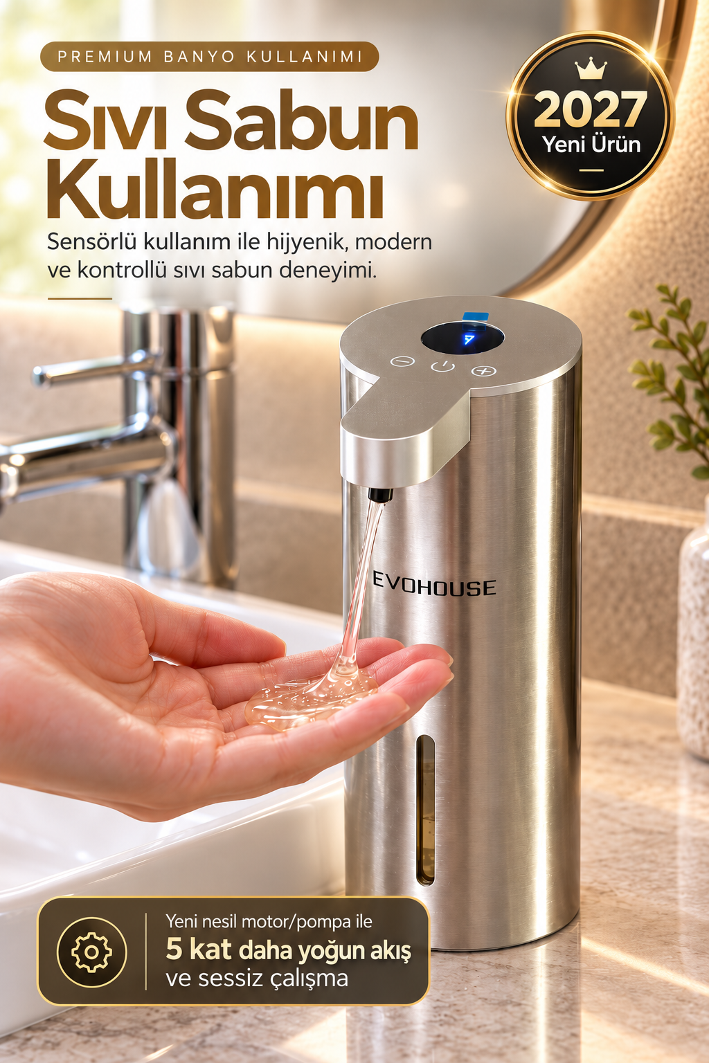 Evo House Otomatik Sensörlü Sıvı Dispenseri Paslanmaz Çelik INOX - P25 Model