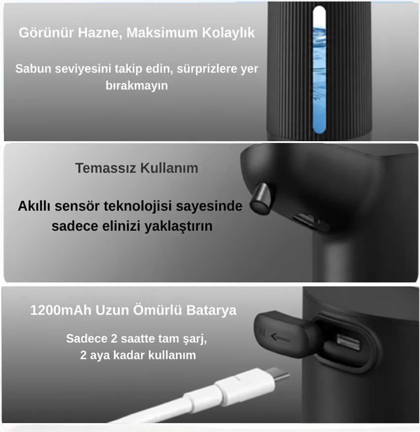 Evo House Otomatik Sensörlü Köpük Sıvı Sabunluk - Şarjlı- Dijital LED Ekran - Duvara Monte - E15 Model