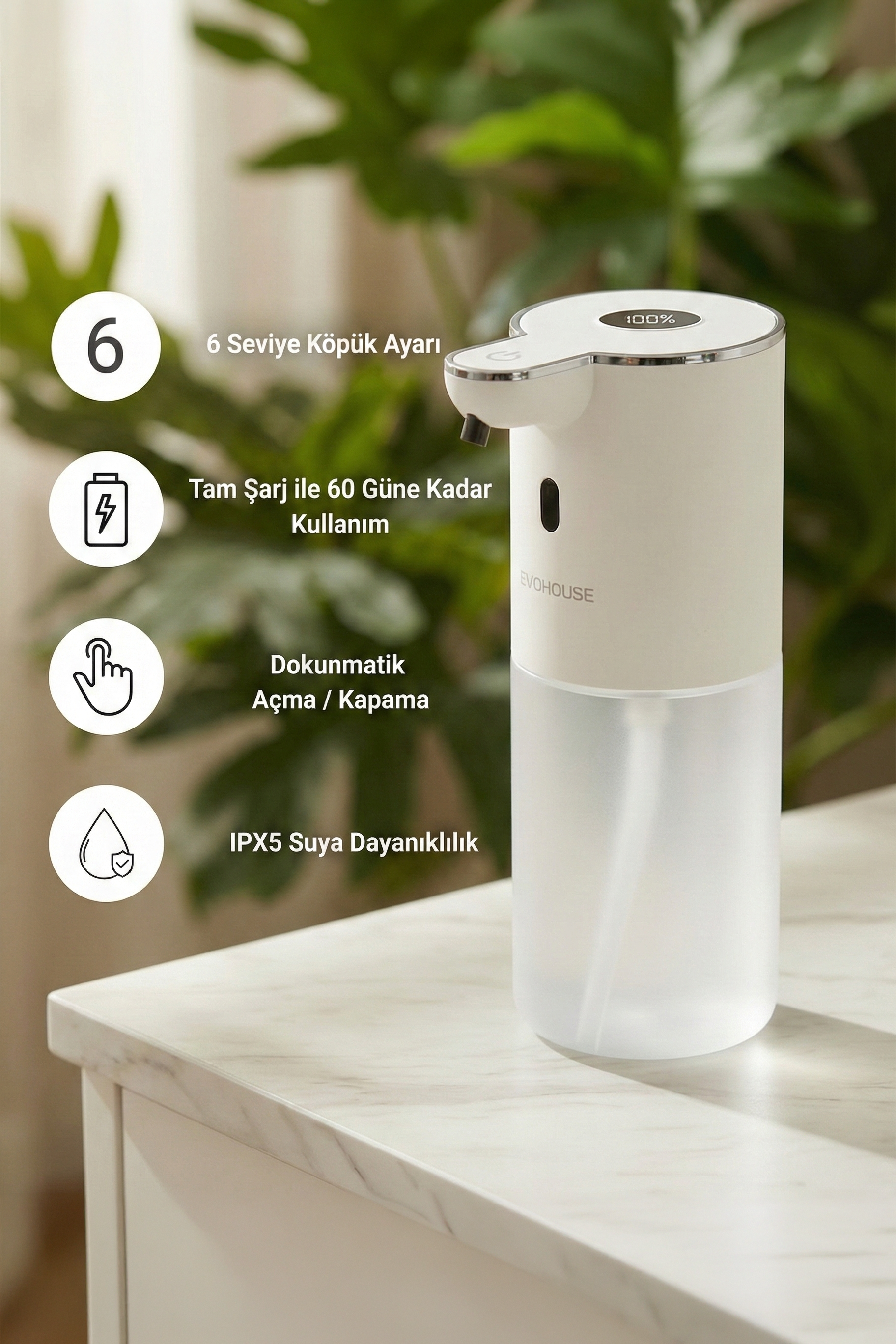 Evo House Otomatik Sensörlü Köpük Sıvı Sabunluk - Şarjlı- Dijital LED Ekran - Duvara Monte - P18S Model