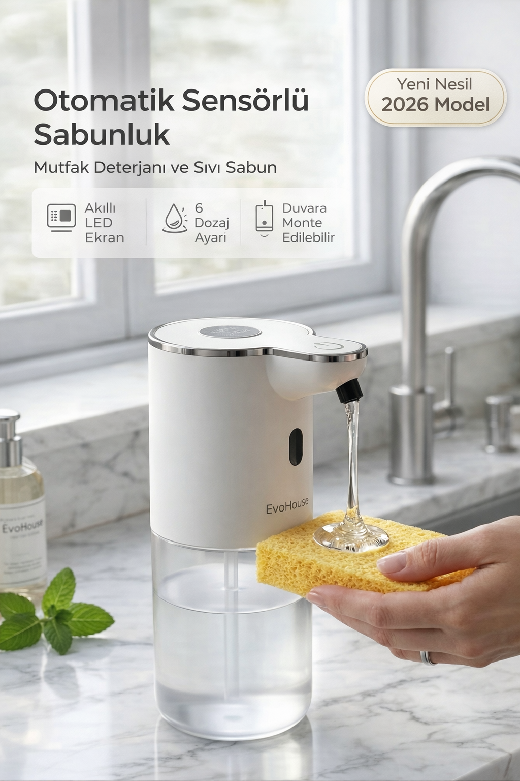 Evo House Otomatik Sensörlü Mutfak Deterjan-Sıvı Sabunluk - Duvara Monte - P18S Model