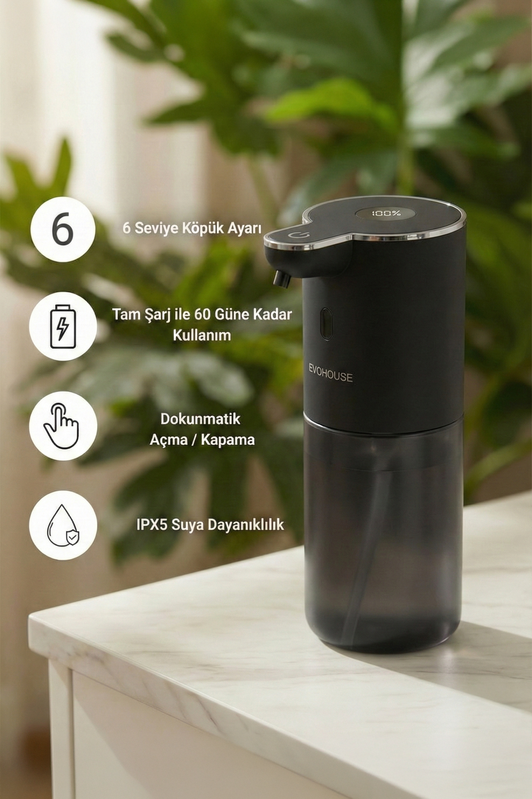 Evo House Otomatik Sensörlü Köpük Sıvı Sabunluk - Şarjlı- Dijital LED Ekran - Duvara Monte - P18S Model